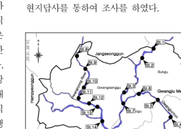 Fig.  1.  A  map  of  surveyed  region  of  Youngsan  River streams 본  연구  결과에서는  Muenscher(1944)와  Sculthorpe(1967)가  정의한  수생식물을  대상으로  하여  전체  식물상에서  정수식물,  부엽식물,  부유 식물,  침수식물  및  습생식물로  나누어  분류  및  조 사하였고,  현장에서  동정되지  않은  개체는  채집하 여  실험실로  옮겨와  대한식물도감