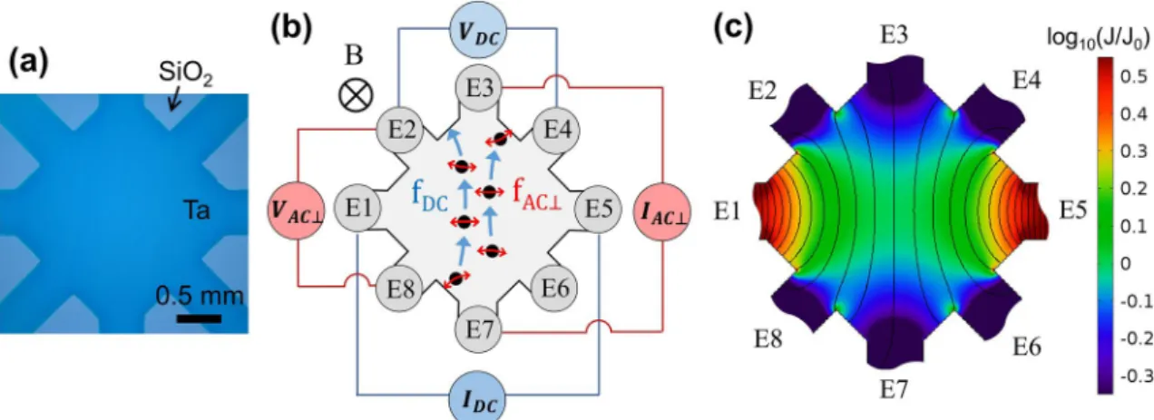 Figure 1.  Transport measurement and simulation in a square sample. (a) Microscopic image of a real device 