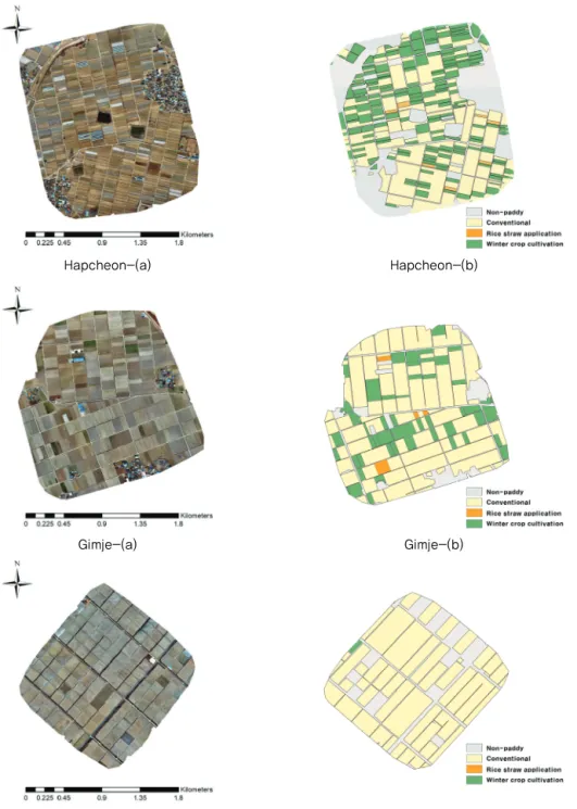 Fig. 5 The orthographic image (a) and biomass management status on paddy fields (b)