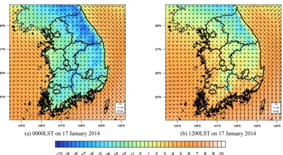 Fig. 6. Simulated surface temperature and wind filed at a) 0000LST and b) 1200LST on 17 January 2014