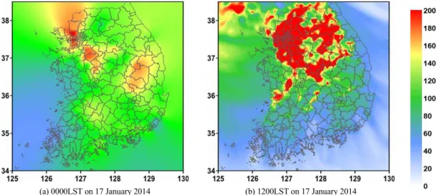 Fig.  7.  Estimated  surface  PM10  concentrations  over  Korea  at  a)  0000LST  and  b)  1200LST  17  January  2014