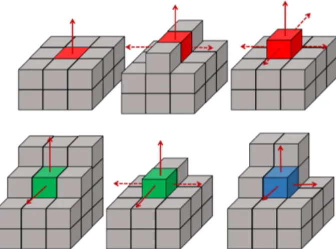 Fig. 1.  Three cases of voxels according to the number of potential search directions: uni-directional (red voxels),  bi-directional (green), and tri-bi-directional (blue)