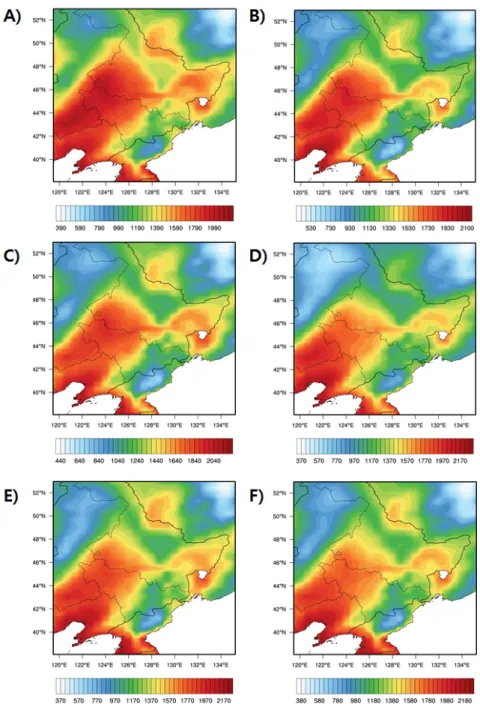Fig. 3. Temporal and spatial distribution of GDD for maize in Northeast district of China (A: 2010, B: 2011, C: 2012, D: