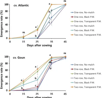 Fig. 3. Comparison of the accumulative soil temperature  and the daily mean soil temperature as affected by  ridging systems and mulch types for 30 days after sowing in spring potato cropping (P.M