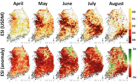 Fig. 4 Comparison of monthly spatial distribution of USDM-based ESI drought severity classification and actual drought damage area (from April to August in 2017)