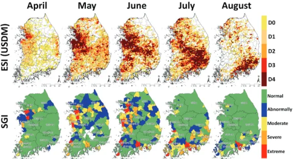 Fig. 6 Monthly spatial distribution comparison of USDM-based ESI and SGI drought severity classification (from  April to August in 2017)