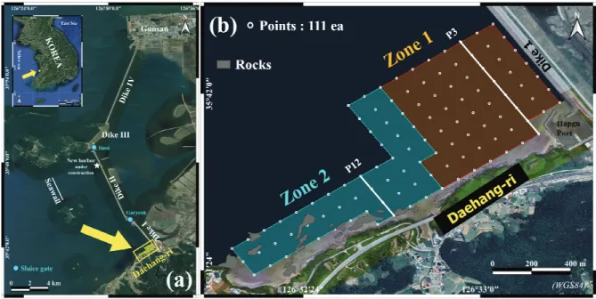 Fig. 1 (a) Location of the study site. (b) 111 observational points (open circles) were designed at approximately 100 m intervals  and topographical surveys were conducted 21 times for 16 years from 2000 to 2016 by a leveling method