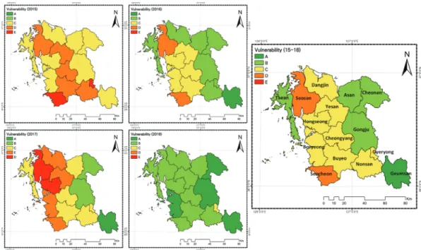 Fig. 2 Mapping annual vulnerability assessment for Chungcheongnam-do in 2015, 2016, 2016, 2017, and 2018 year