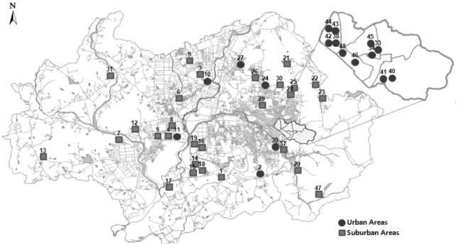 Fig. 1. Sampling sites of Urban and Suburban areas in Gwangju city.  2014년 통계청 통계조사 결과를 보면 도시 텃밭의 긍정적  효과로 전체 응답자 중 가장 많은 응답자인 59.3%가 ‘안심하 고  먹을  수  있는  먹거리’로  답했다(Ministry of Statistics,  2014)