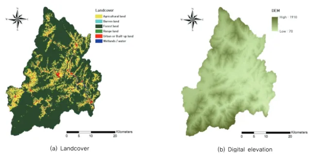 Fig. 2 Landcover and digital elevation map for the Sancheong watershed 