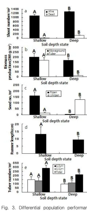 Fig. 3. Differential population performance of Scirpus planiculmis between shallow soil and deep soil habitat