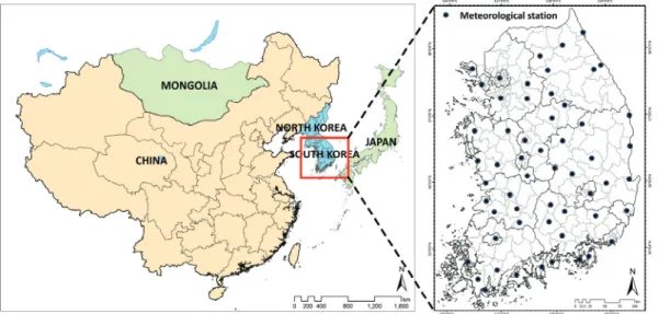 Fig. 1 Spatial distribution of the ASOS weather stations from KMA in South Korea