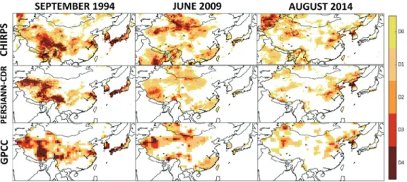 Fig. 5 Time series of SPI (6-month) maps in drought years (1994, 2009, and 2014) using CHIRPS,  PERSIANN-CDR, and GPCC in East Asia