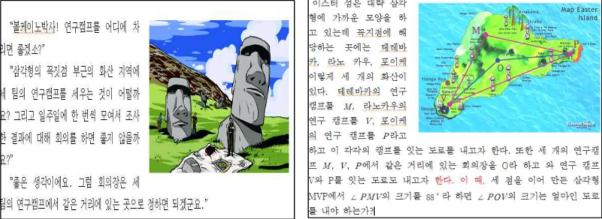 [그림 Ⅳ-2] 도입을 위한 이야기(좌)와 문제 해결을 위한 상황 이야기 활용(우)의 예시