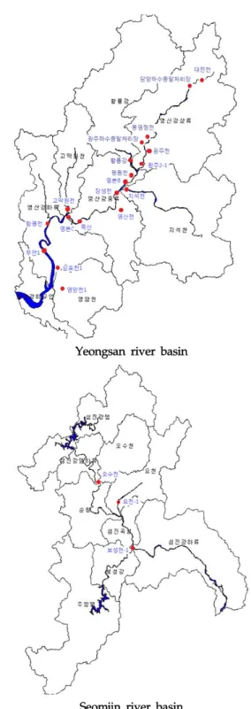 Fig. 1. Sampling points in the Yeongsan and Seomjin river basin.주민의 질병,  직업병 등이 발생하여 화학물질의 위해성이 사회적 문제로 대두되었다(환경부)