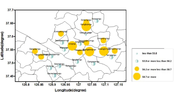 Fig. 2. Annual mean PM 10  concentration distribution for remove Asian dust by Gu unit in Seoul(2000-2011)