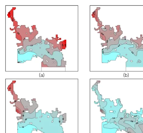 Fig. 8. The distribution of simulated COD(a), Chl a (b), dissolved inorganic nitrogen (c), dissolved inorganic phosphate(d) at surface in Mansan Bay