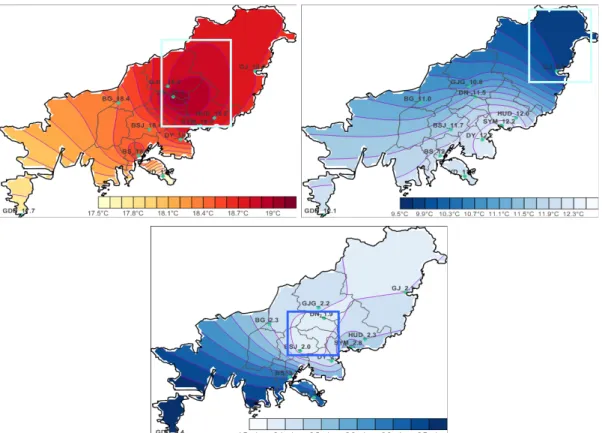Fig. 4. The map of Mean Daily Maximum Temperature(left), Mean Daily Minimum Temperature(right) and Mean Daily  Wind Speed(bottom) from 2007 to 2011.