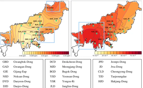 Fig. 7. The ozone and PM10 concentration distribution map in Busan area.
