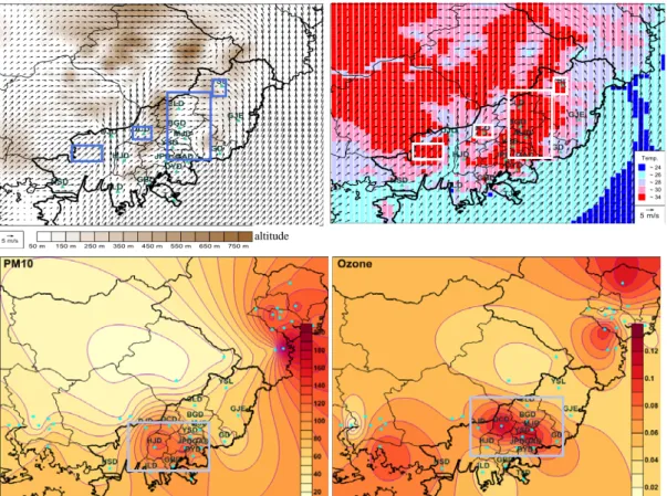 Fig. 8. The wind flow, temperature and air quality map at the highest temperature day in Busan for 2007-2011; 2007.07.27