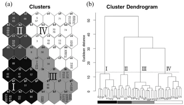 Fig. 2. (a) Distribution of samples through the learning process of  self-organizing map  (SOM)