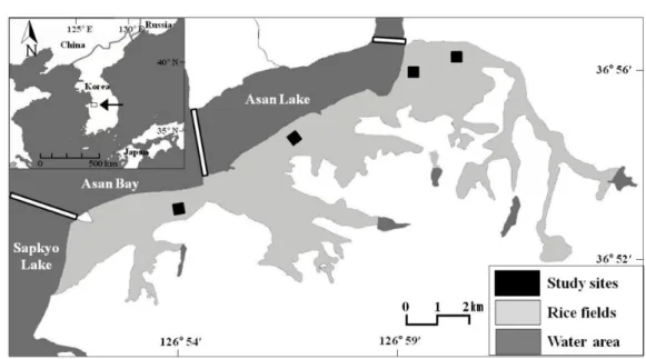 Fig. 1. Map of the location of study sites in rice fields of western-central Korea (four closed rectangles).
