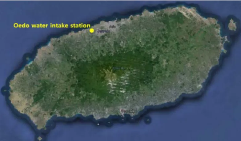 Fig. 1. The location of Oedo water intake station on Oedo stream.1. 서 론제주도 하천은 급경사 암반 및 자갈하상으로 하도 내 작은 소 및 소규모 폭포 등이 위치하여 홍수유량 측정에 있어 부자법을 사용이 어렵고, 프로펠러 유속계나 ADCP 등 접촉식 유속계를 사용한 유량측정 또한 매우 힘들다