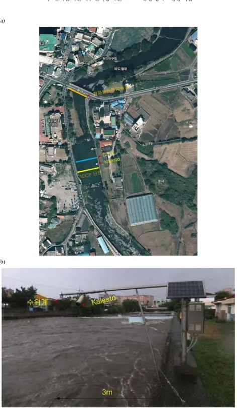 Fig. 2. The locations where various instruments were installed in the Oedo stream: a) the detailed field installation of the  Kalesto in the right bank; b) surveying locations of Kalesto, CCTV, ADCP, and mobile Electronic Surface  Flowmeter
