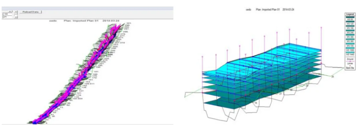 Fig. 3. 3D sectonal view and temporal water level of Oedo stream using HEC-RAS.
