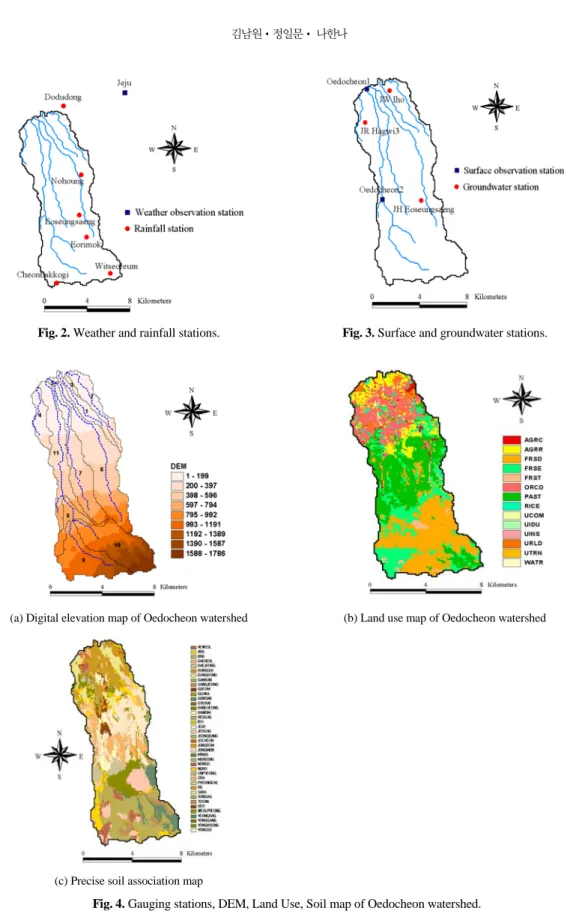 Fig. 2. Weather and rainfall stations. Fig. 3. Surface and groundwater stations.