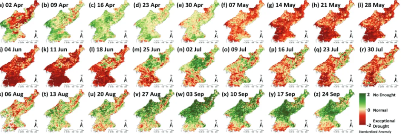Fig. 3 The seasonal time-series ESI drought maps from April to September in 2015