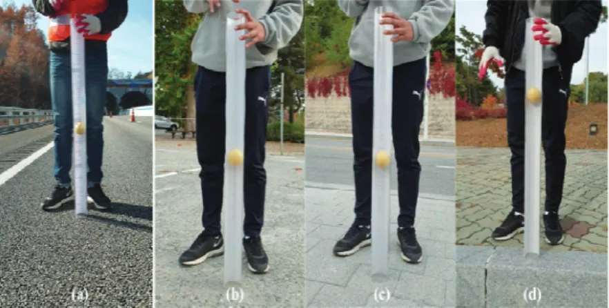 Fig. 8은 다양한 재료에 대하여 drop boll 시험을 수행하는  모습이다.                         ∆         (4)여기서, Δ PE=  충격에너지 흡수량 (N-㎜), W= 공의 무게 (N), H0, H1: 공의 초기 위치와 1차 반발 높이(㎜)이다