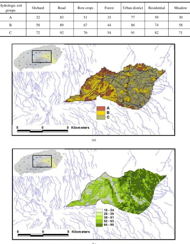 Fig. 4. Distribution of hydrologic soil groups (a) and estimated runoff curve number (b) over the mountainous area in Pyosun  catchment.