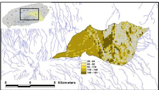 Fig. 6. Distribution of soil retention capacity over the mountainous area in Pyosun catchment.