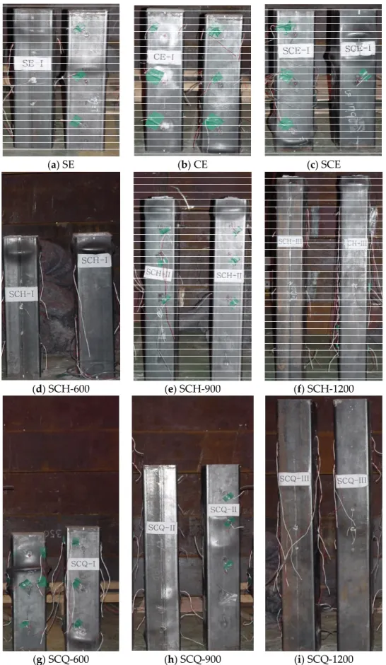 Figure 5. Failure mode of CFT columns, (a) SE; (b) CE; (c) SCE; (d) SCH-600; (e) SCH-900; (f) 
