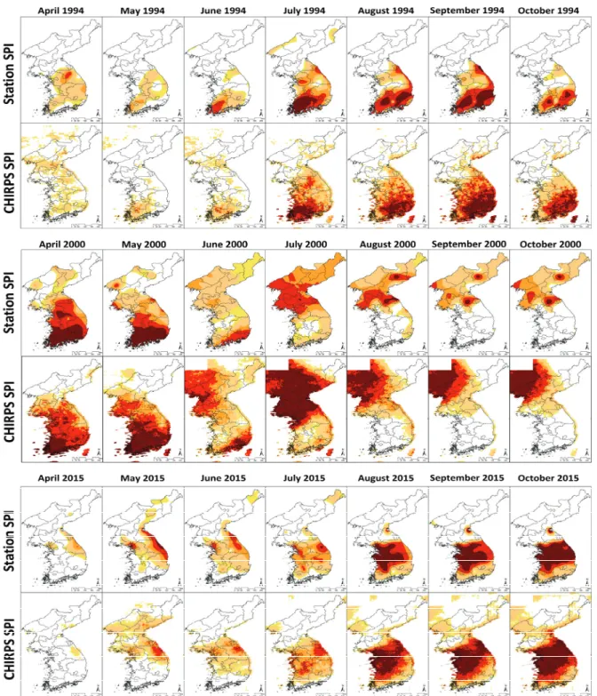 Fig. 4 Time series of SPI maps in drought years (1994, 2000, and 2015) using CHIRPS-based and station-based SPI (6-month) 