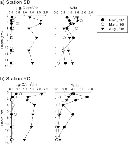 Fig. 5. Vertical distribution of bacterial productivity and turn-over rate of Fig. 5. Vertical distribution of bacterial productivity and turn-over rate ofFig