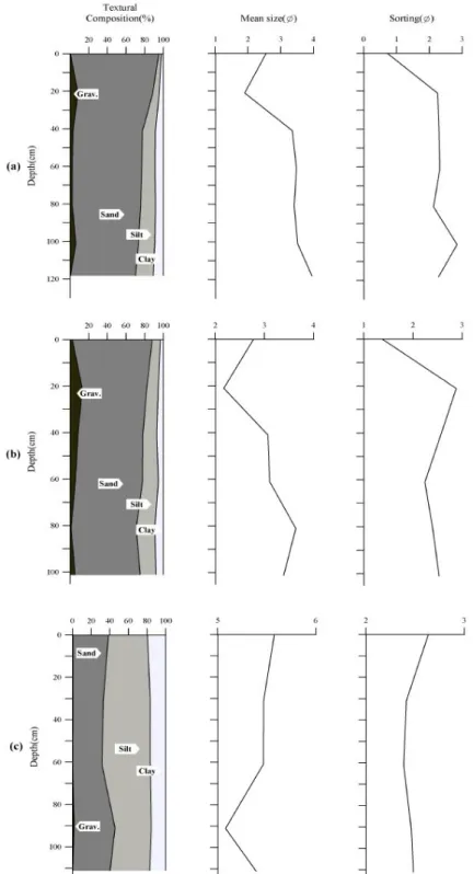 Fig. 8. Vertical distributions of textural and statistical parameters of core sediments Fig