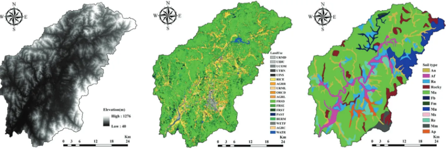 Fig. 2 Construction of SWAT input data of Seomgang(DEM, Landuse, Soil)