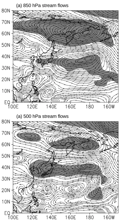 Fig. 5. Differences in (a) 850 hPa stream flows and (b) 500 hPa stream flows between positive NPOI phase and negative  NPOI phase