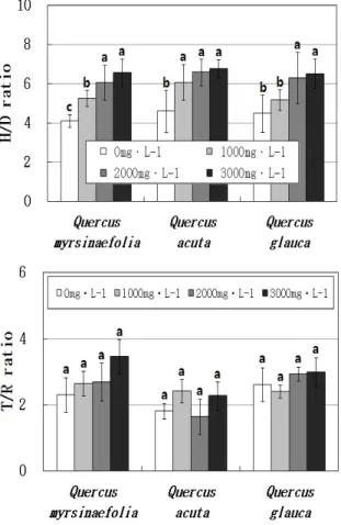 Fig. 1. Effect of  fertilizing concentrations on H/D  ratio  and  T/R  ratio  of  Q.  myrsinaefolia,  Q