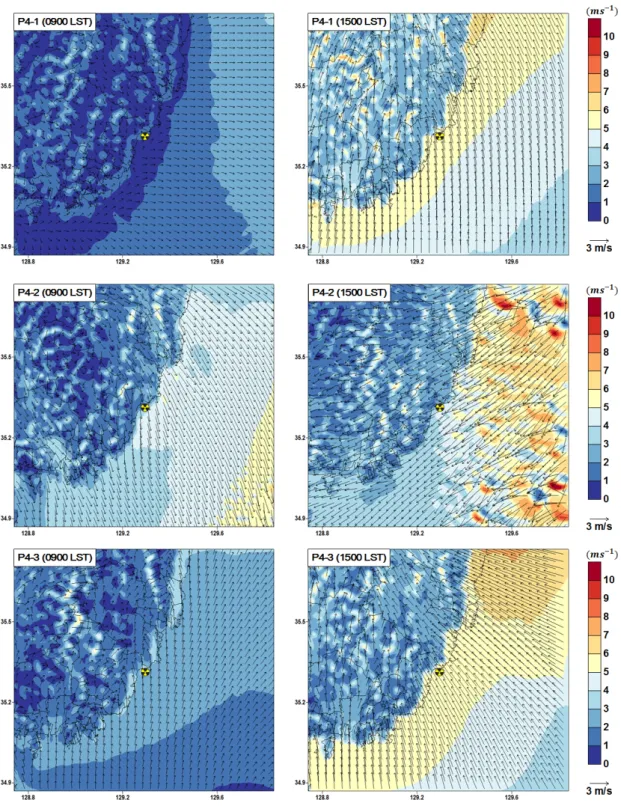 Fig. 4. Horizontal distribution of wind vector and wind speed (contour) at 0900 LST and 1500 LST for P4-1, P4-2 and  P4-3.