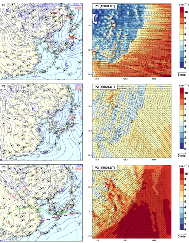 Fig. 3. Surface weather map at 0000 UTC (0900 LST) and horizontal distribution of wind vector and wind speed (contour)  at 1500 LST for P1~P3.