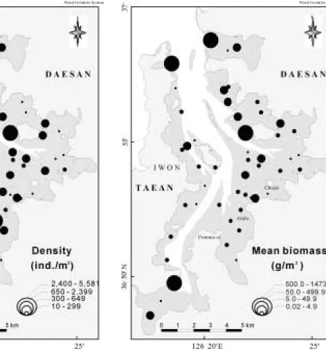 Fig. 4. Distribution  of  macrofauna  mean density on the study sites.