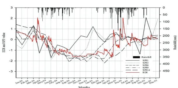 Fig. 3 Observed EDI and SPIs values for Ishwardi station in 1994-1995