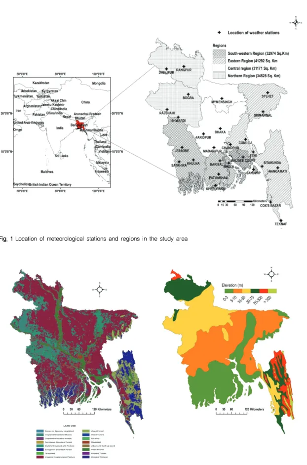 Fig. 1 Location of meteorological stations and regions in the study area