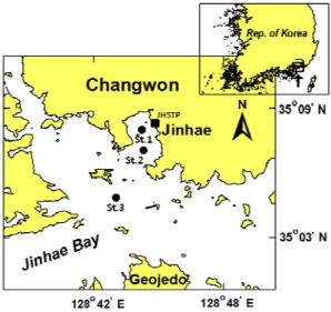 Fig. 1. A map showing the sampling locations in Haengam  Bay. The square represents the location of the Jinhae  Sewage Treatment Plant (JHSTP).
