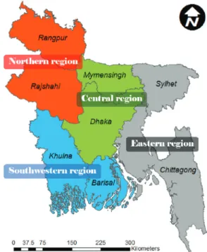 Fig. 1 Study area of Bangladesh dividing into four regions