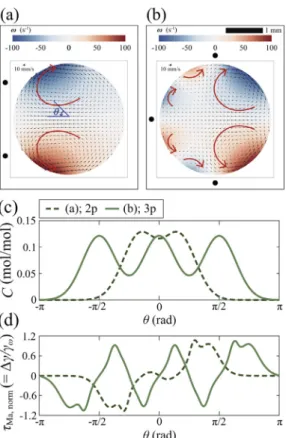 Fig.  8. Examples for unexpected internal ﬂow patterns by changing the location  and the number of source points where d = 1.0 mm for (a) 2 and (b) 3 sources