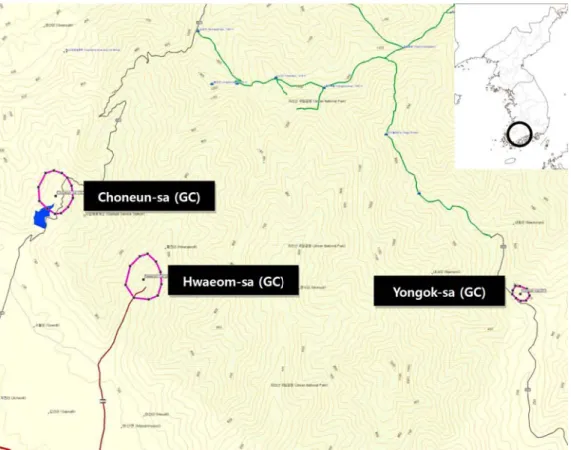 Figure 4. Study areas(shrine forests) in Jirisan National Park(Topographical map: garmin mapsource).